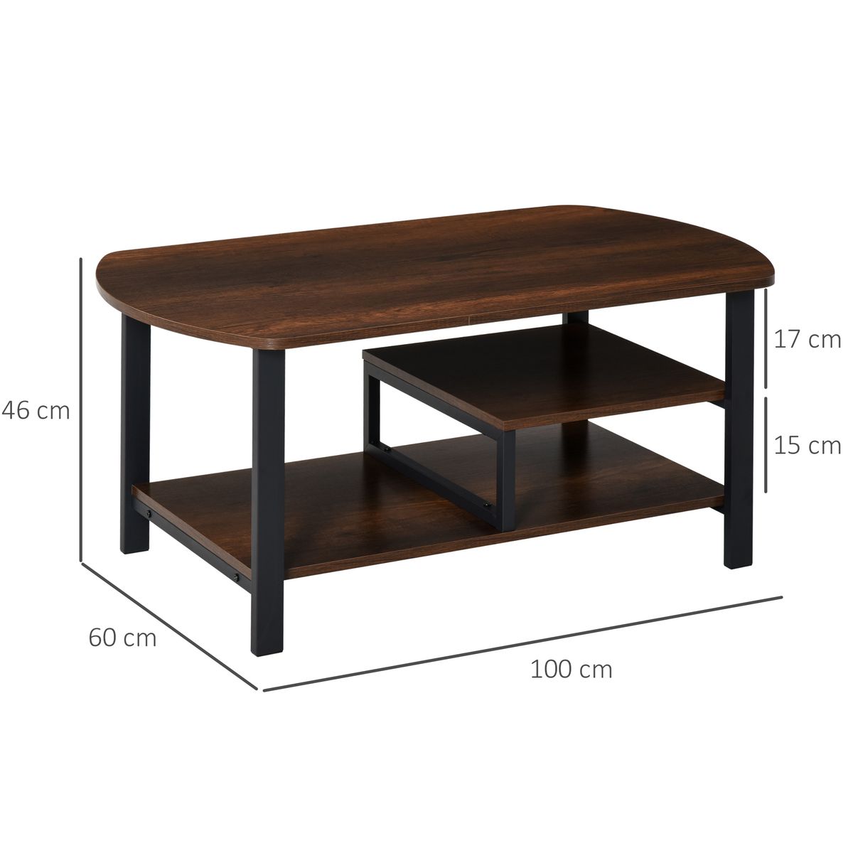 Mesa de centro Oggi Homcom rectangular 2 estantes inferiores marrón 46x100x60 cm 3