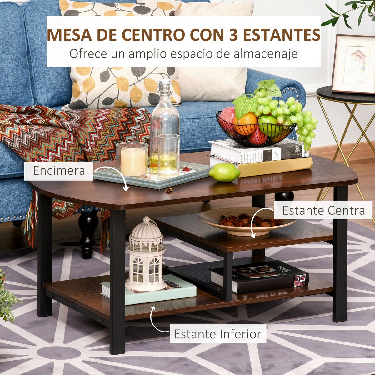 Mesa de centro Oggi Homcom rectangular 2 estantes inferiores marrón 46x100x60 cm 4