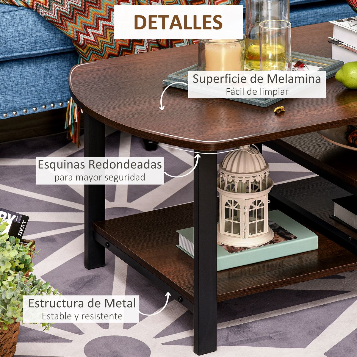 Mesa de centro Oggi Homcom rectangular 2 estantes inferiores marrón 46x100x60 cm 5