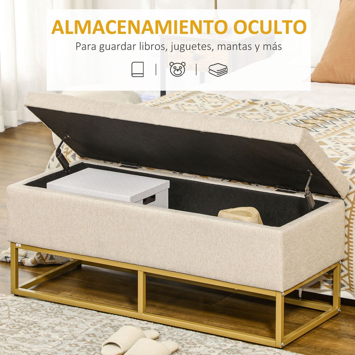 Banco de almacenamiento Otomana Homcom rectangular tapizado beige 48x110x44 cm almacenamiento