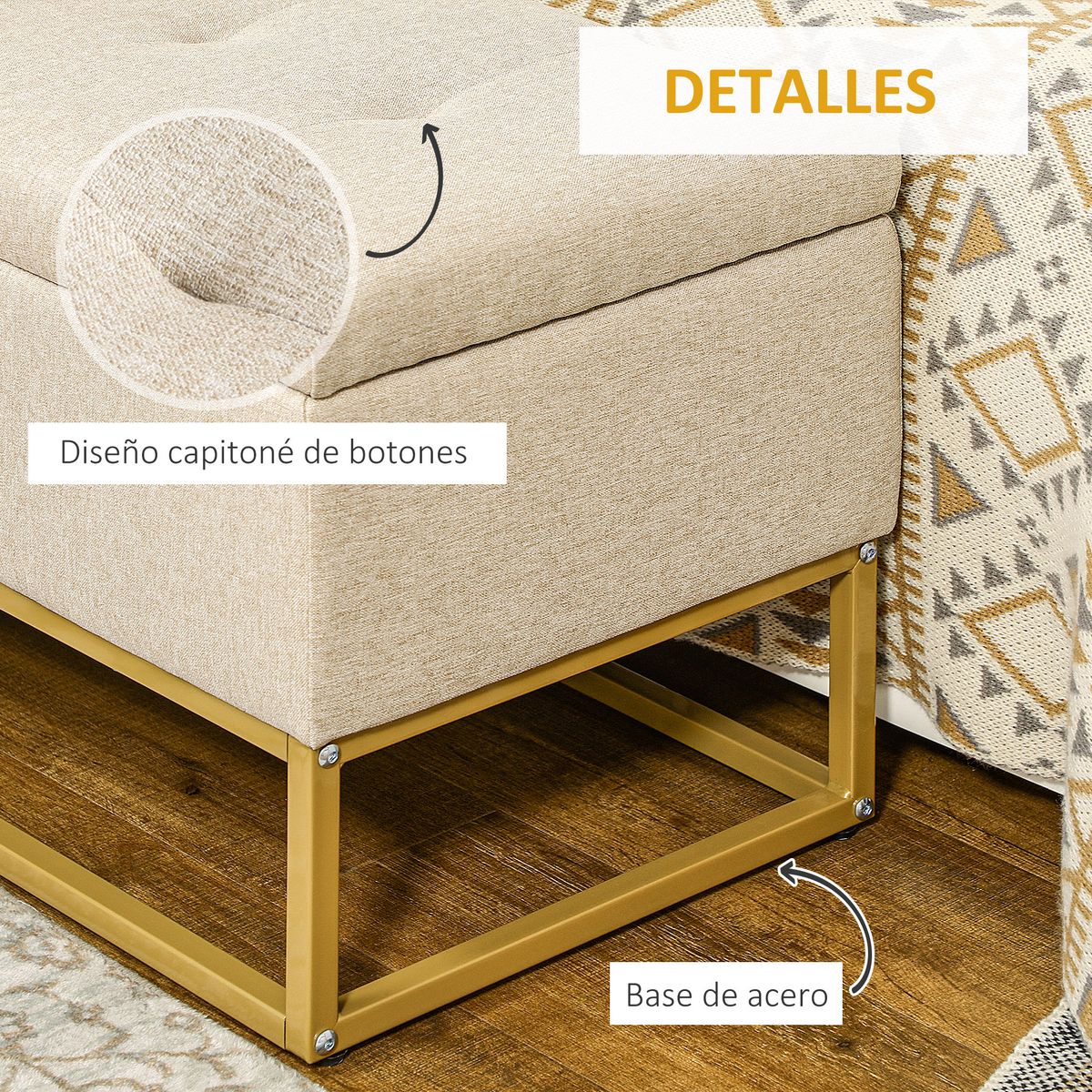 Banco de almacenamiento Otomana Homcom rectangular tapizado beige 48x110x44 cm detalle patas