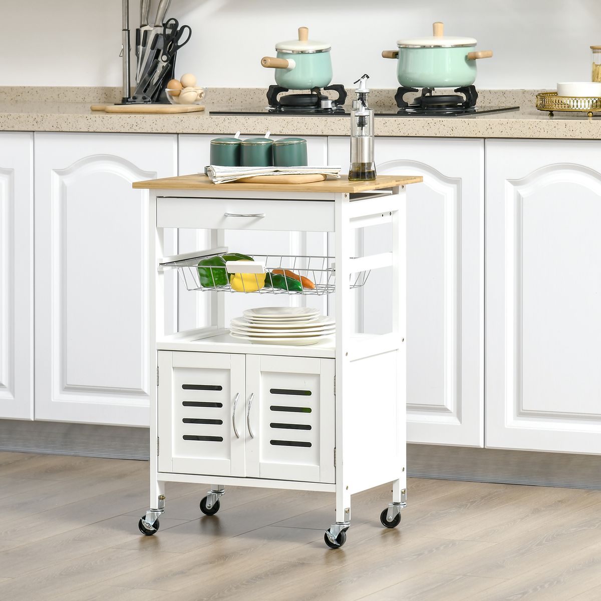 Carro de cocina Vorona Homcom con ruedas blanco/natural 83x58x37 cm