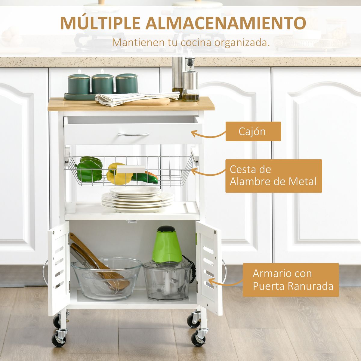 Carro de cocina Vorona Homcom con ruedas blanco/natural 83x58x37 cm 4
