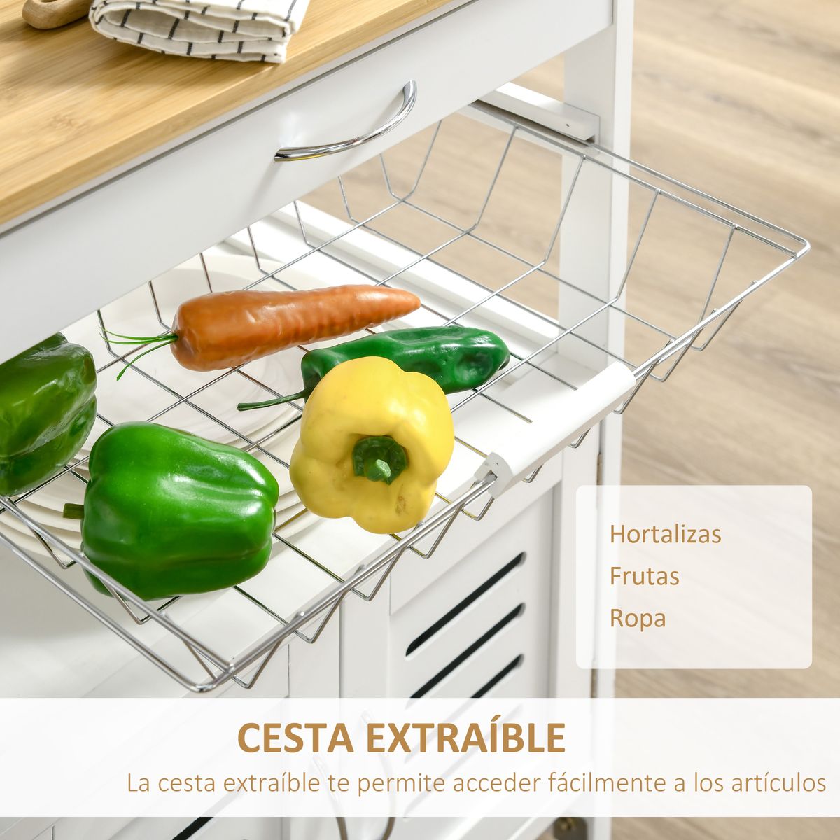 Carro de cocina Vorona Homcom con ruedas blanco/natural 83x58x37 cm 5
