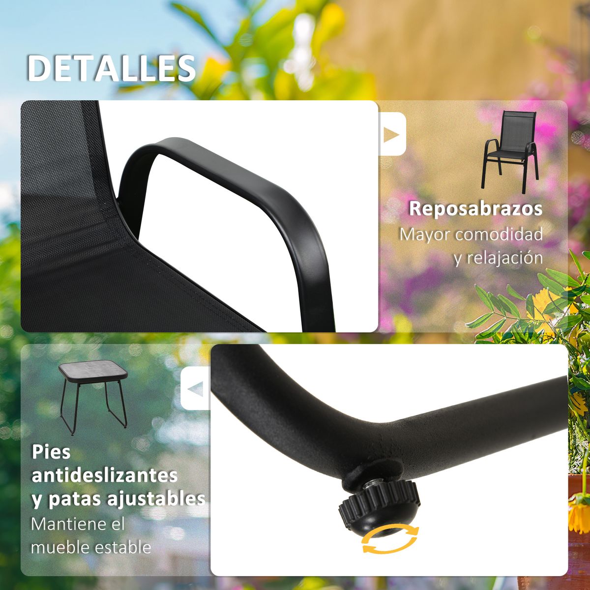 Conjunto de jardín Outsunny 2 sillas + 1 mesa negro 6