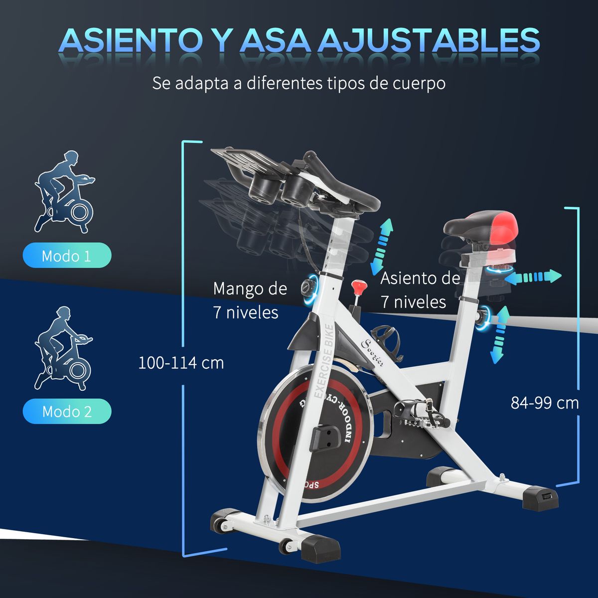 Bicicleta estática Fitness Homcom pantalla LCD blanco 114-100x103x53 cm detalles bicicleta