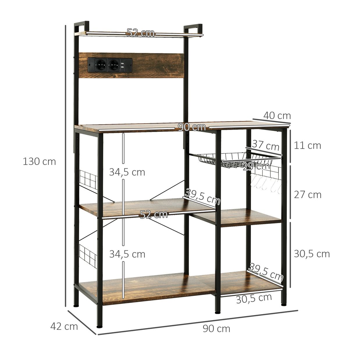 Mueble de cocina Eris Homcom con enchufe y USB roble/negro 130x90x42 cm 3