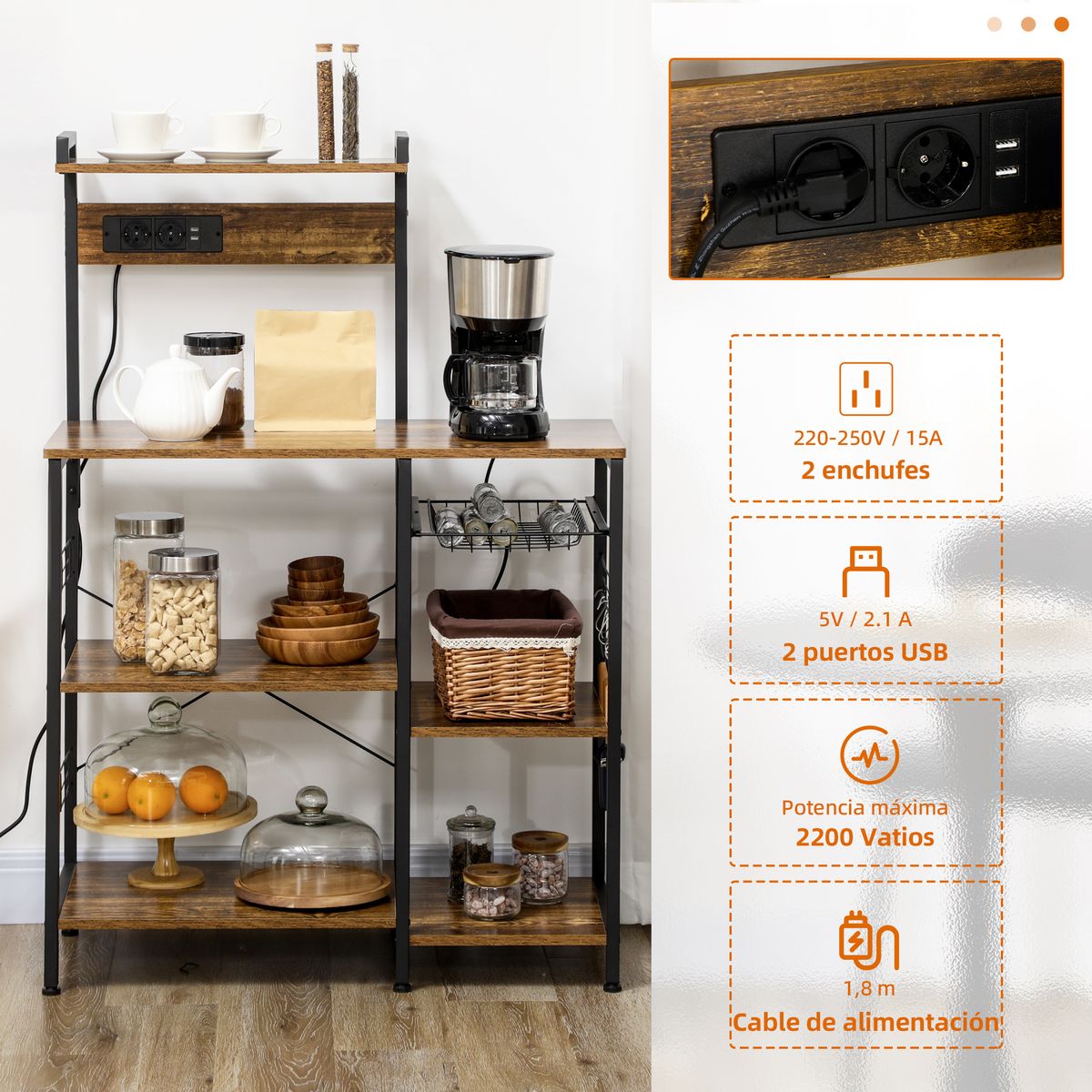 Mueble de cocina Eris Homcom con enchufe y USB roble/negro 130x90x42 cm 4