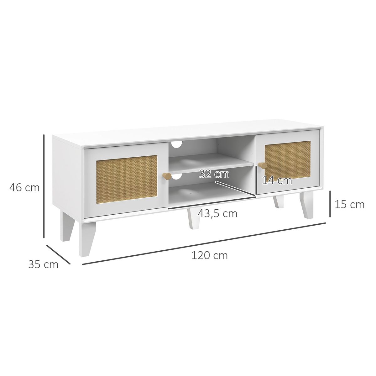 Mueble de TV Tikan Homcom 2 armarios + 2 estantes blanco 46x120x35 cm medidas