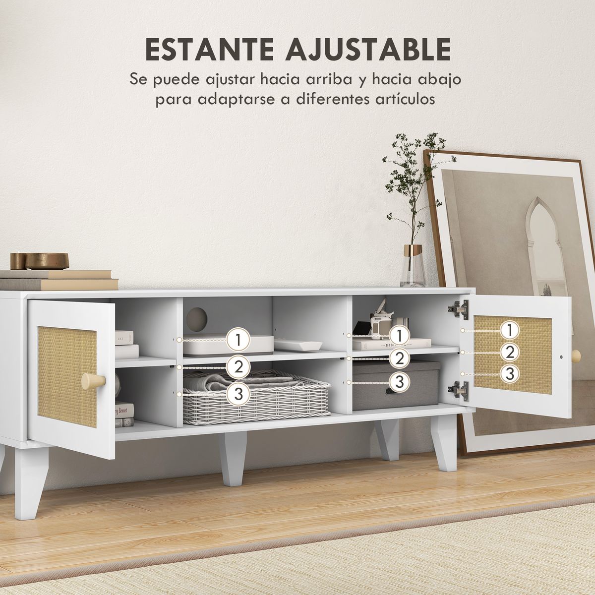 Mueble de TV Tikan Homcom 2 armarios + 2 estantes blanco 46x120x35 cm web