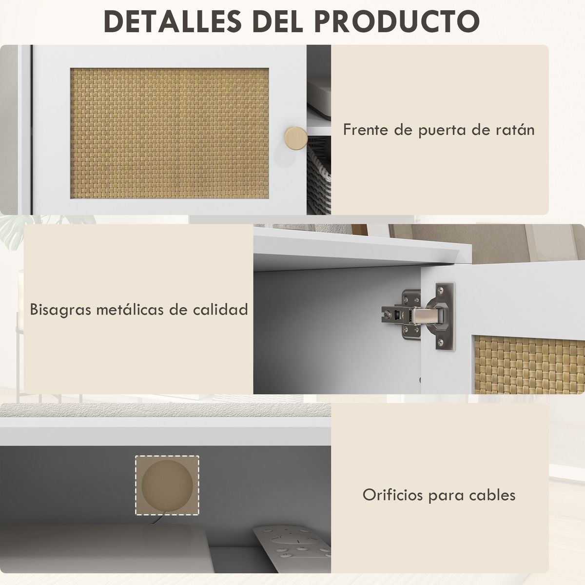 Mueble de TV Tikan Homcom 2 armarios + 2 estantes blanco 46x120x35 cm detalles