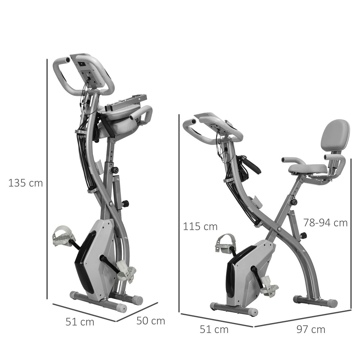 Bicicleta estática Ness Homcom plegable pantalla LCD gris 115x97x51 cm medidas