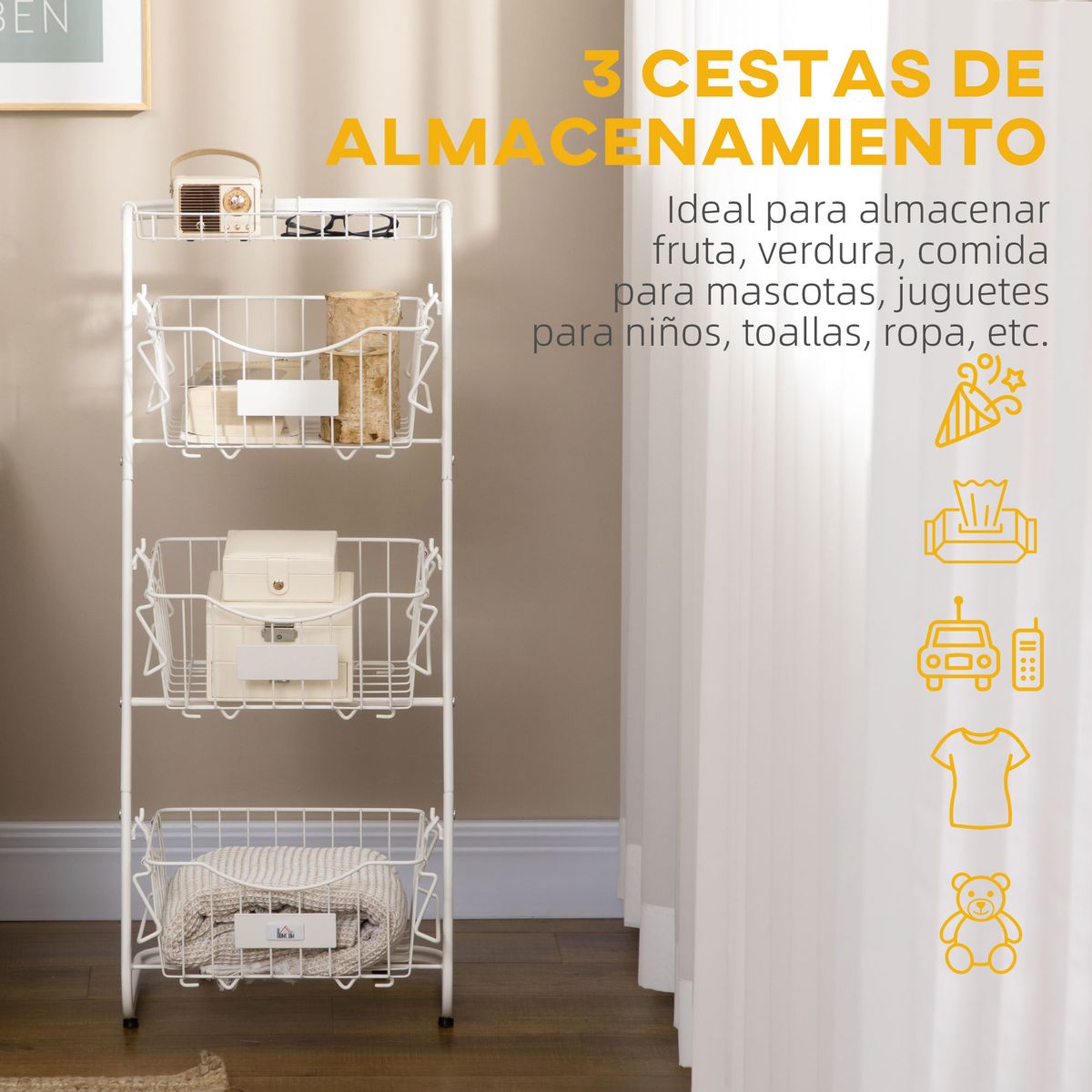 Cesta de frutas y verduras Homcom 3 niveles blanco 91x42,5x36,5 cm 4