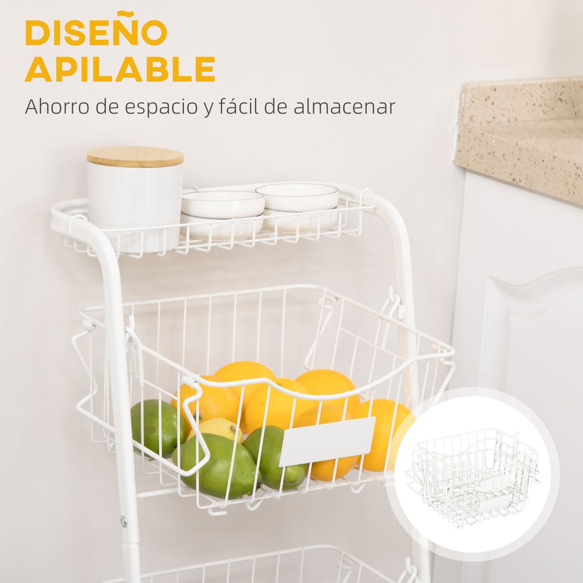 Cesta de frutas y verduras Homcom 3 niveles blanco 91x42,5x36,5 cm 5
