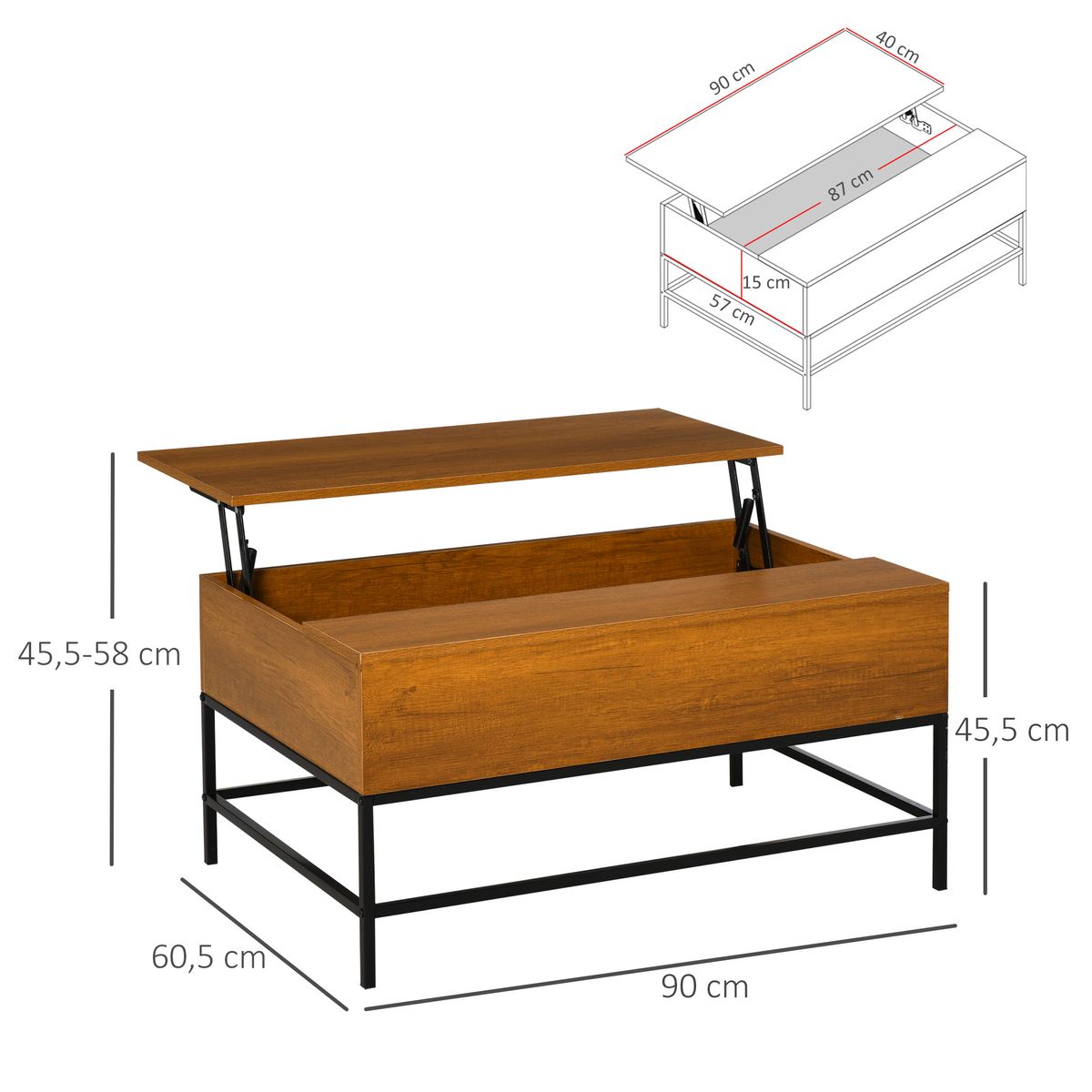Mesa elevable Move Homcom marrón 45,5x90x60,5 cm medidas