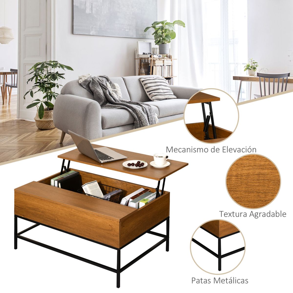 Mesa elevable Move Homcom marrón 45,5x90x60,5 cm detalles