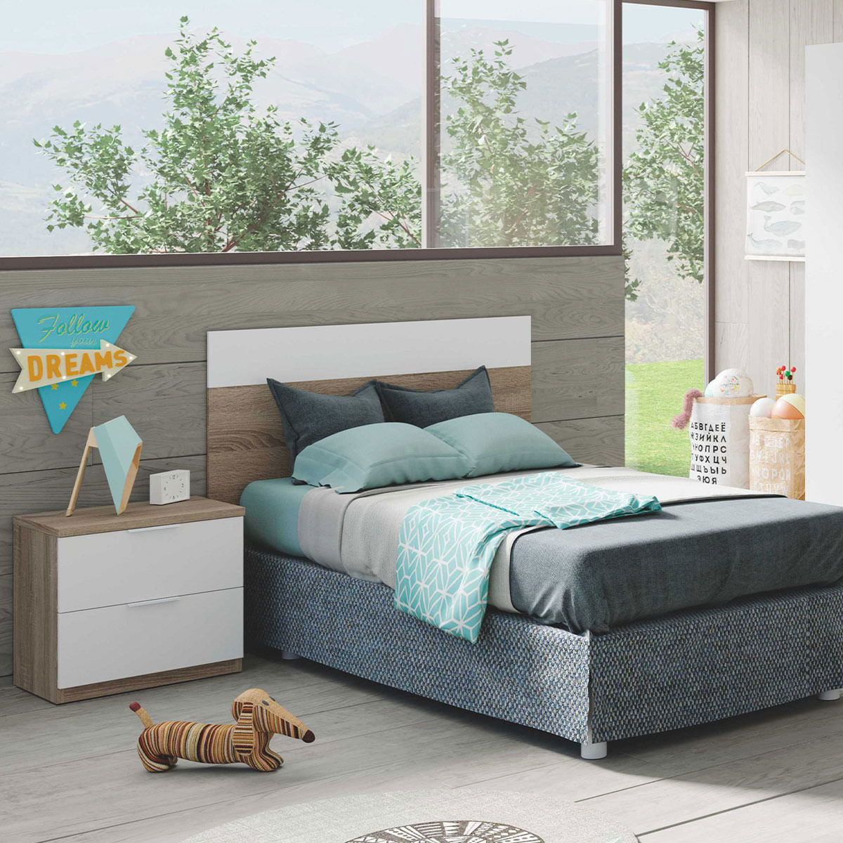 Conjunto de dormitorio Luca cabezal + 1 mesita de noche natural/blanco artik 5