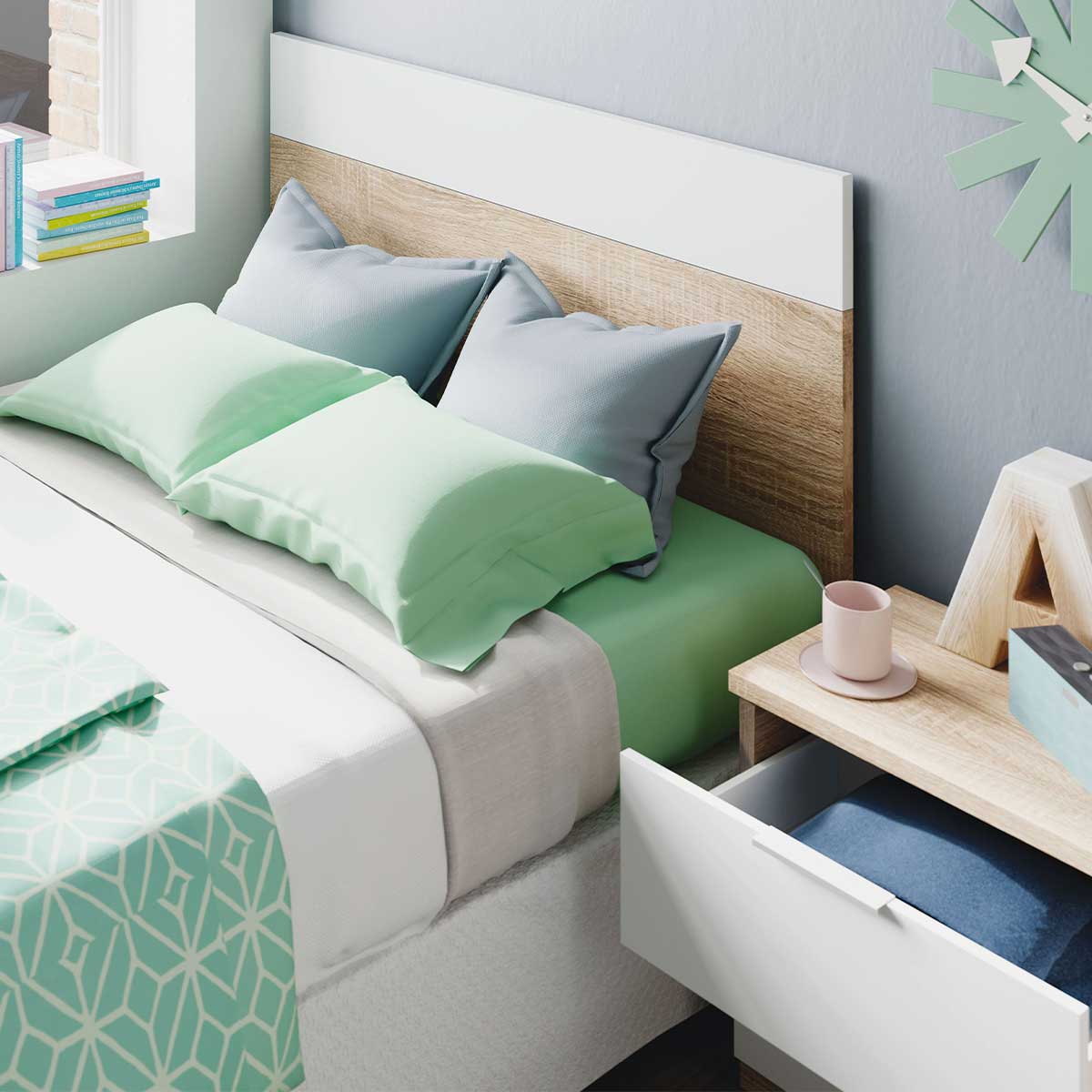Conjunto de dormitorio Luca cabezal + 1 mesita de noche natural/blanco artik 7