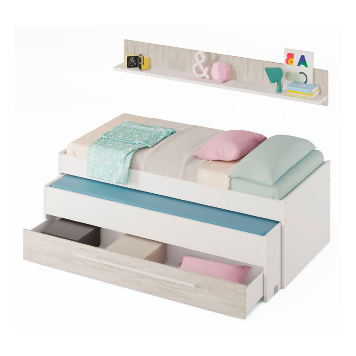 Conjunto cama + estante Elliot 2 colchones + 1 cajón blanco/gris 2