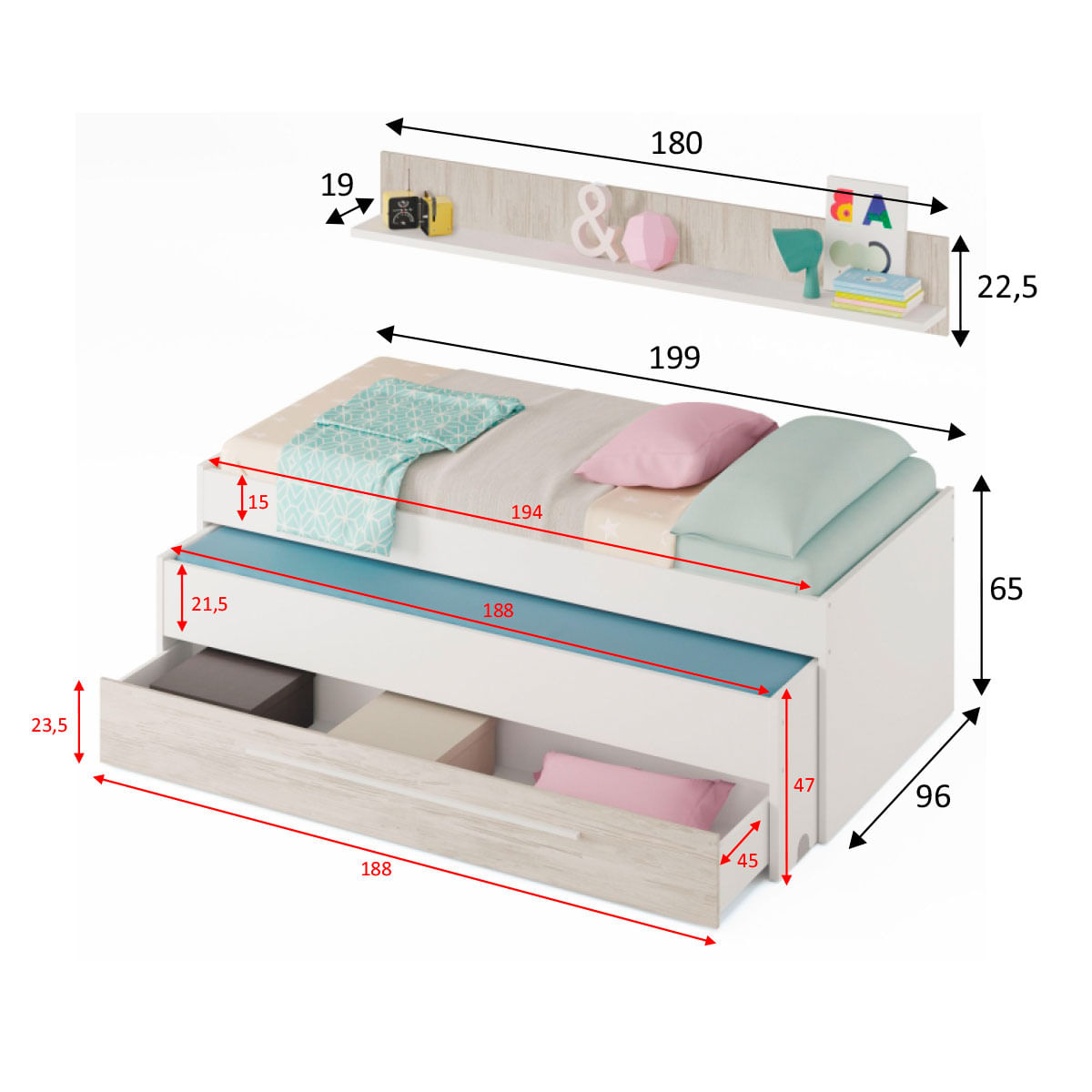 Conjunto cama + estante Elliot 2 colchones + 1 cajón blanco/gris medidas