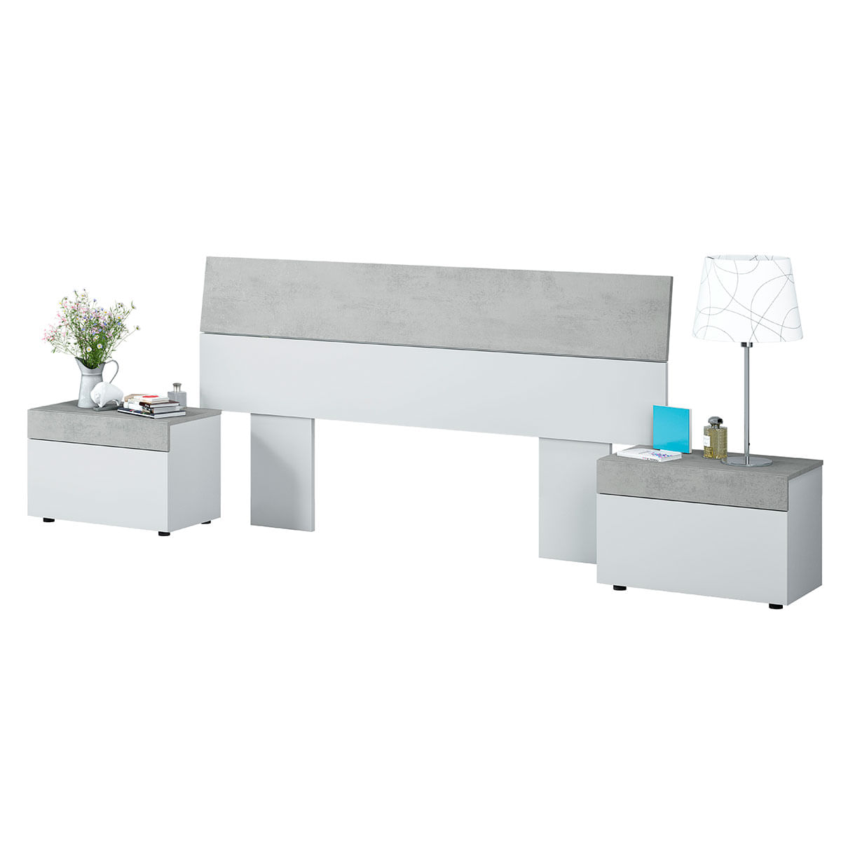 Conjunto de dormitorio Tekkan cabezal + 2 mesitas blanco Artik/cemento