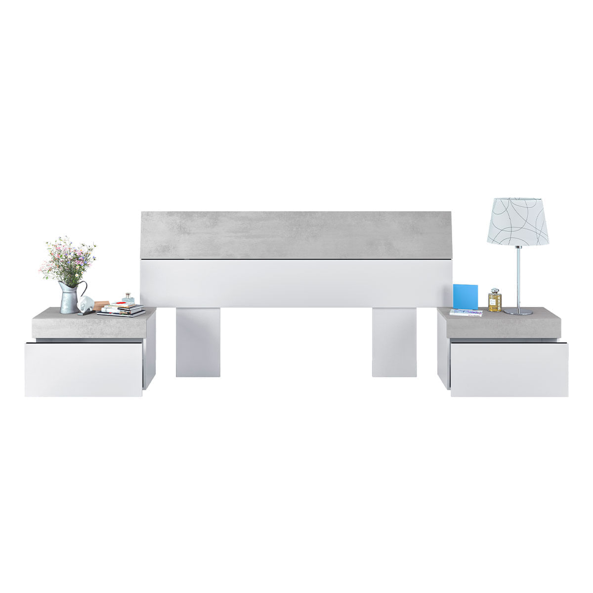 Conjunto de dormitorio Tekkan cabezal + 2 mesitas blanco Artik/cemento 1