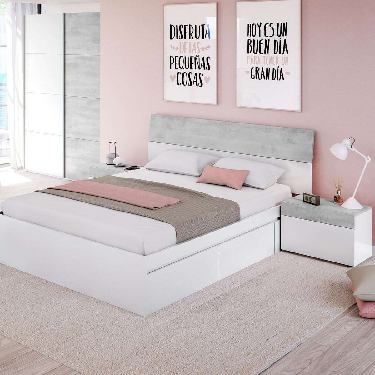 Conjunto de dormitorio Tekkan cabezal + 2 mesitas blanco Artik/cemento 2