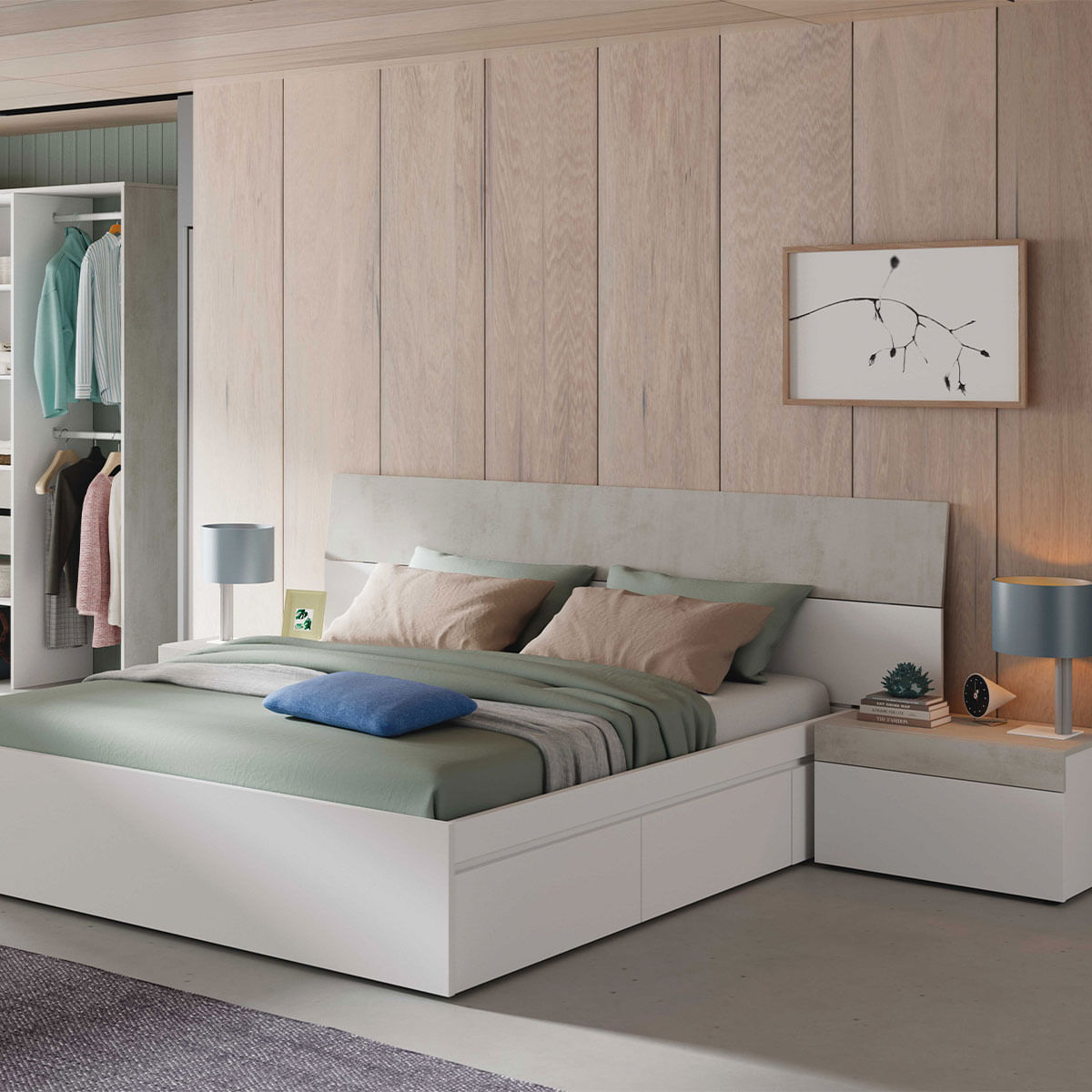Conjunto de dormitorio Tekkan cabezal + 2 mesitas blanco Artik/cemento 3