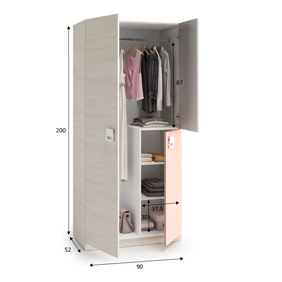 Armario Nube 3 puertas abatibles blanco/rosa/gris 200x90x52 cm medidas
