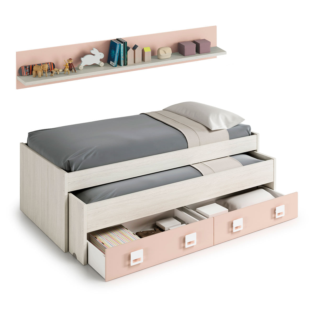 Cama doble + estante Nube 2 colchones + cajón gris claro/rosa 2