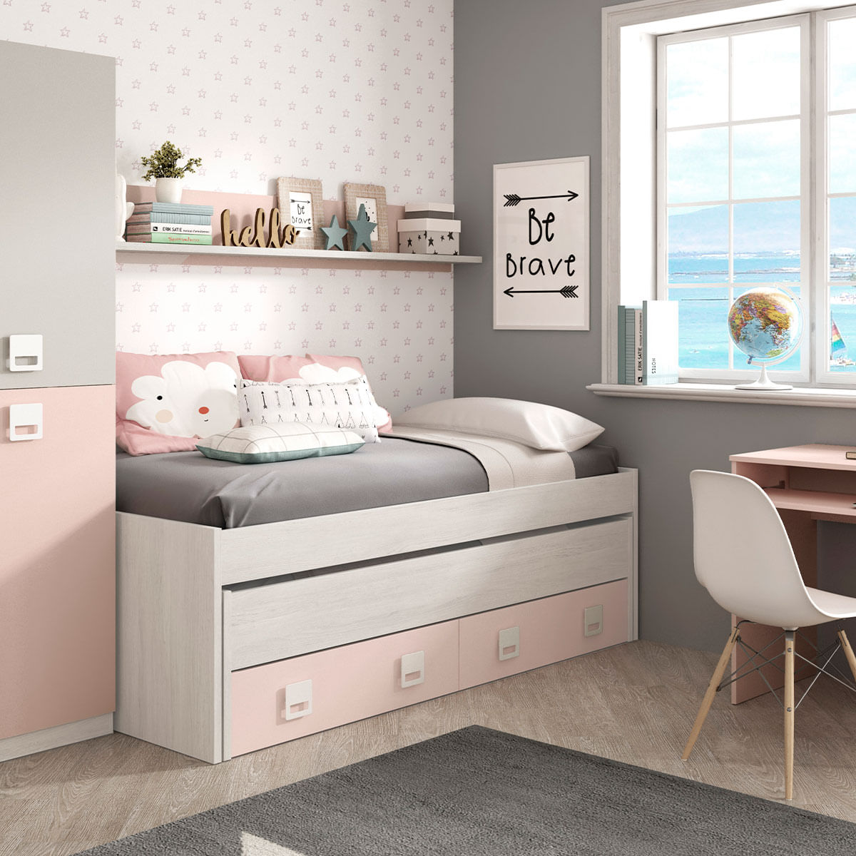 Cama doble + estante Nube 2 colchones + cajón gris claro/rosa 3