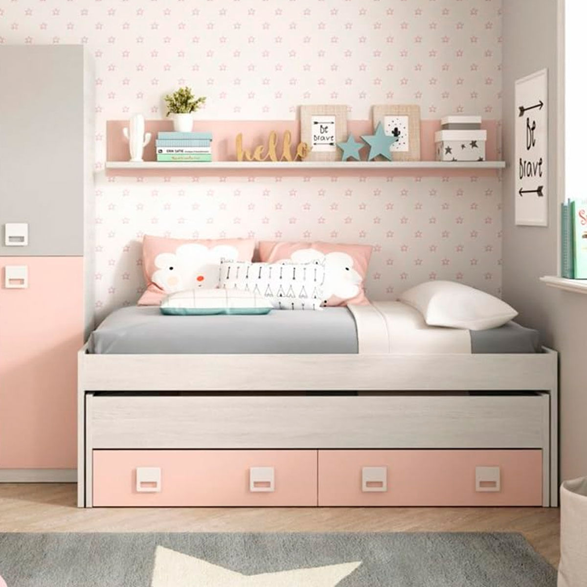 Cama doble + estante Nube 2 colchones + cajón gris claro/rosa 4