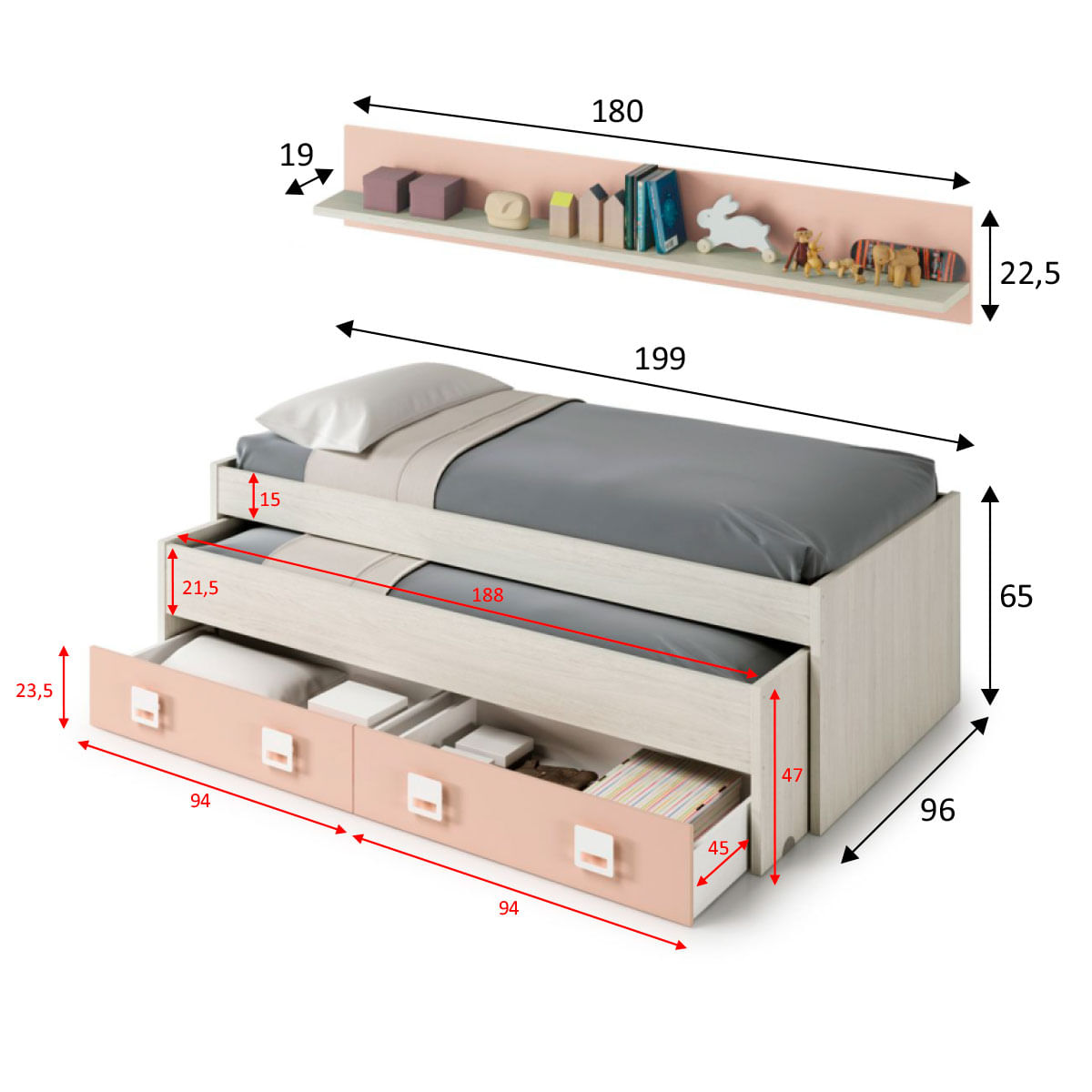 Cama doble + estante Nube 2 colchones + cajón gris claro/rosa medidas