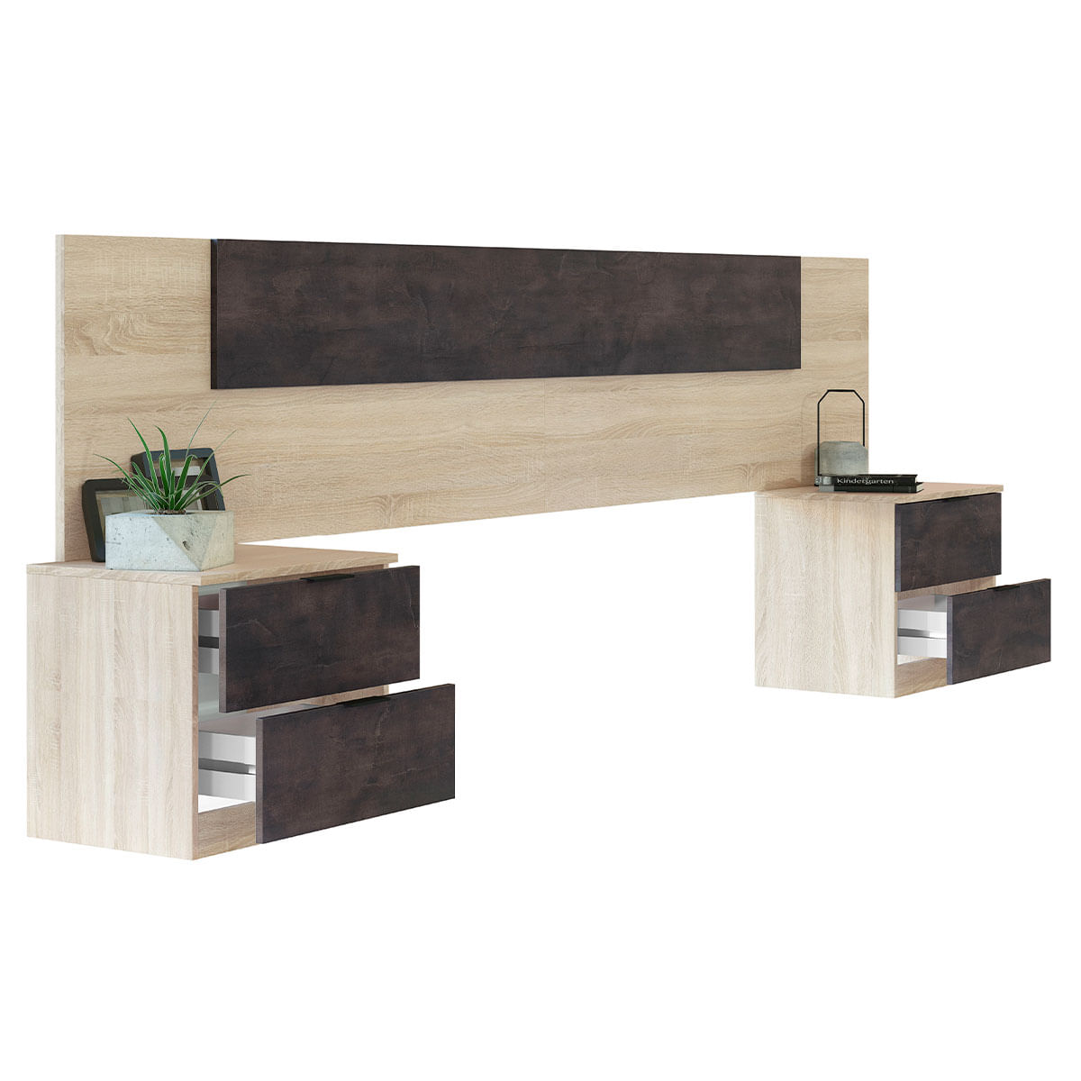 Conjunto de dormitorio Alaya cabezal + 2 mesitas natural/grafito 3