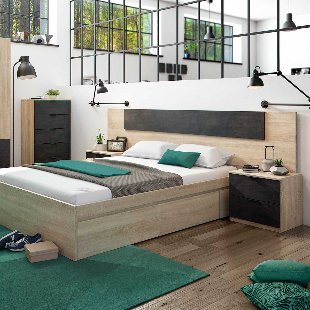 Conjunto de dormitorio Alaya cabezal + 2 mesitas natural/grafito 4