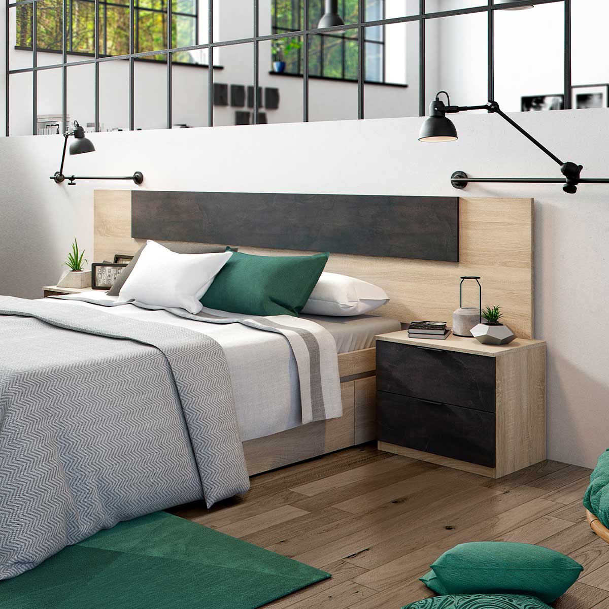 Conjunto de dormitorio Alaya cabezal + 2 mesitas natural/grafito 5