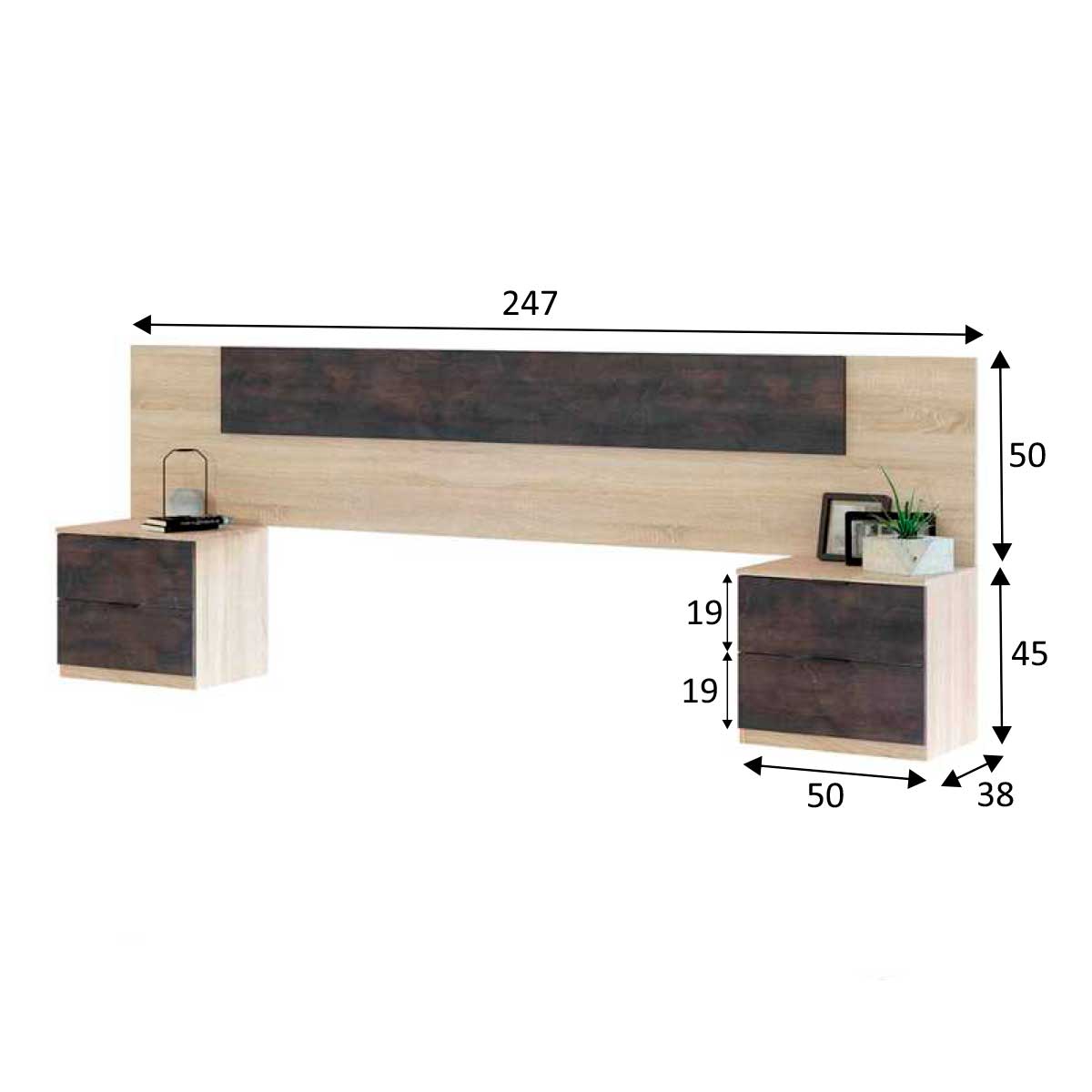 Conjunto de dormitorio Alaya cabezal + 2 mesitas natural/grafito medidas