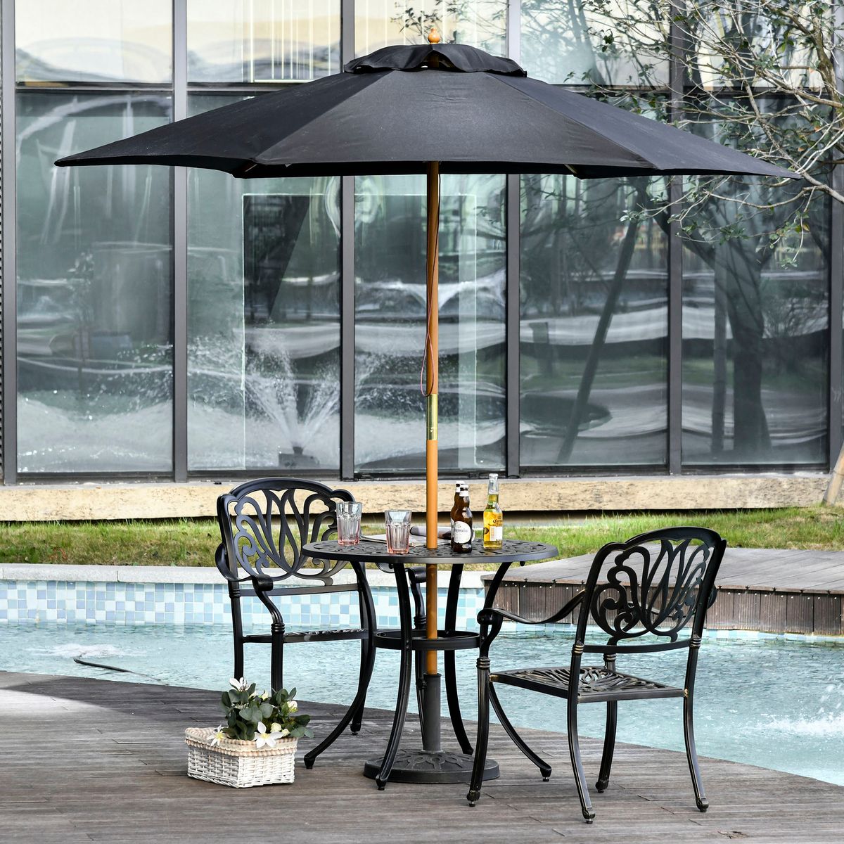 Sombrilla de jardín Outsunny apertura con cuerda negro Ø250x230 cm