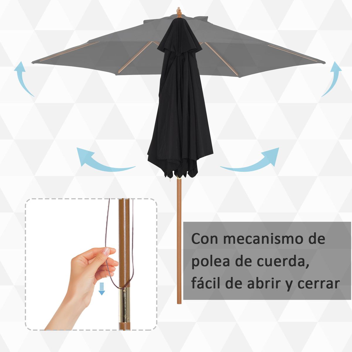 Sombrilla de jardín Outsunny apertura con cuerda negro Ø250x230 cm 6
