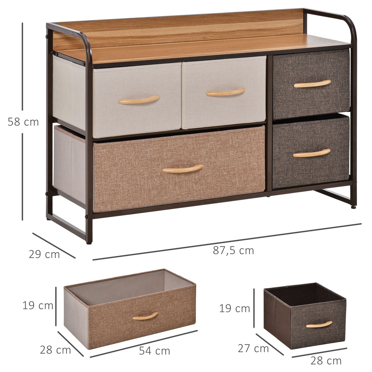 Cómoda Mehi Homcom 5 cajones de tela plegables marrón/beige 58x87,5x29 cm medidas