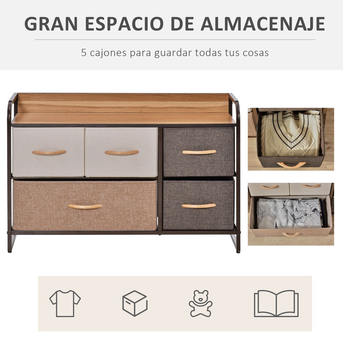 Cómoda Mehi Homcom 5 cajones de tela plegables marrón/beige 58x87,5x29 cm web