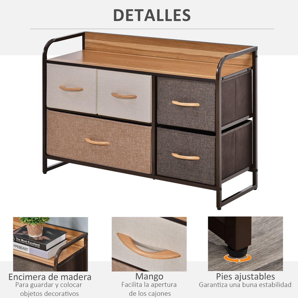 Cómoda Mehi Homcom 5 cajones de tela plegables marrón/beige 58x87,5x29 cm detalles