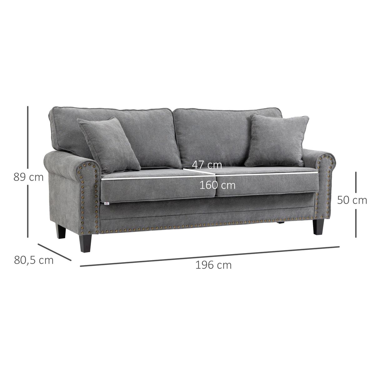 Sofá Viator Homcom 3 plazas tapizado con cojines gris 89x196x80,5 cm 3