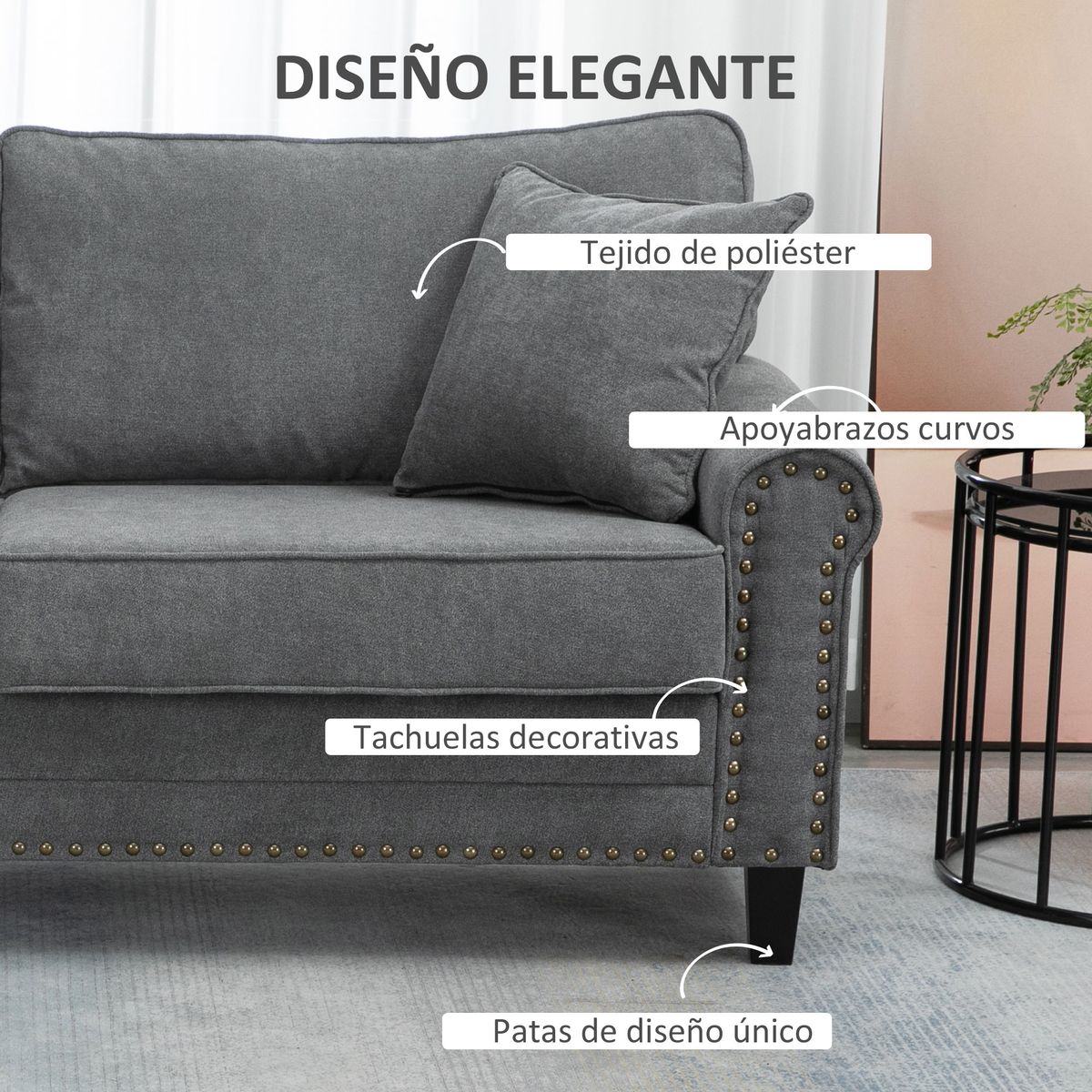 Sofá Viator Homcom 3 plazas tapizado con cojines gris 89x196x80,5 cm 5