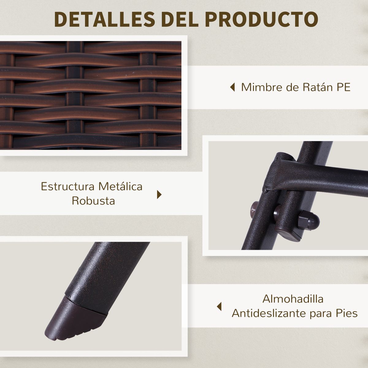 Conjunto de jardín Benissa mesa + 2 sillas ratán PU marrón 4