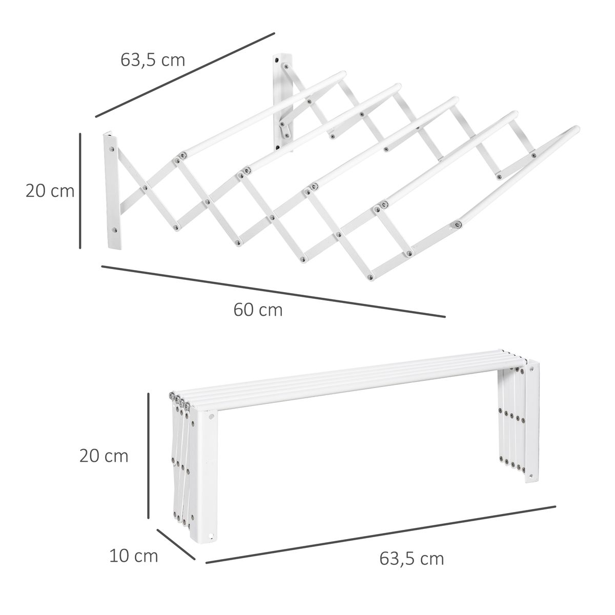 Tendedero de pared extensible Homcom 5 barras blanco 20x60x63,5 cm 3