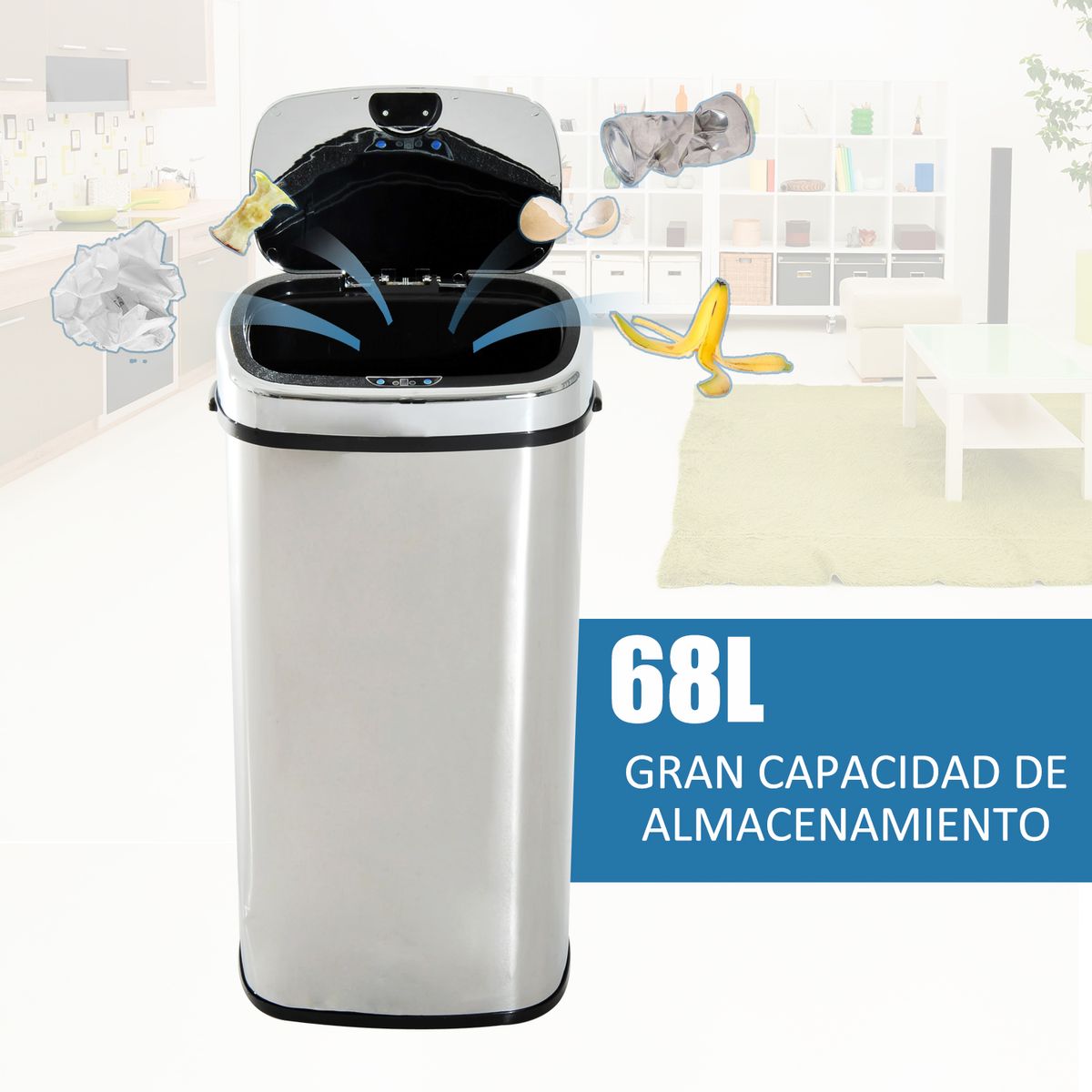Cubo de basura Kasai Homcom 68L sensor de apertura acero inox 78x40,5x29,5 cm web