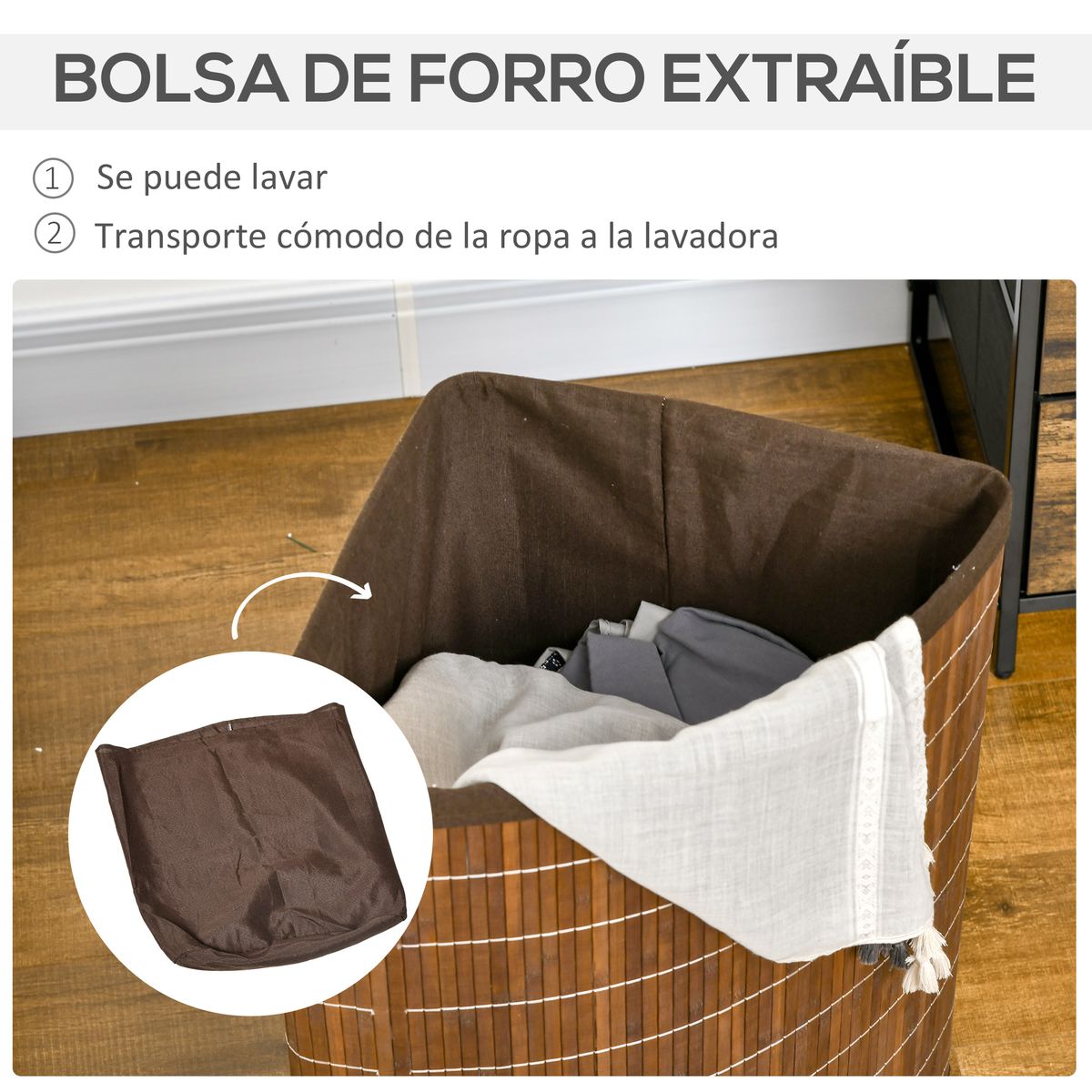 Cesto para ropa sucia Homcom 55L con tapa marrón 57x38x38 cm web