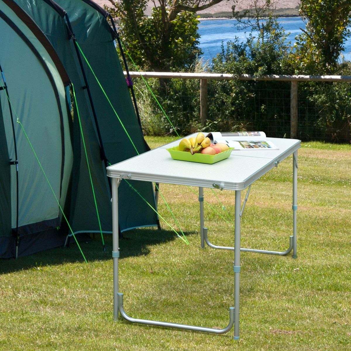 Mesa de camping Outsunny plegable marco aluminio 54-70x120x60 cm animada