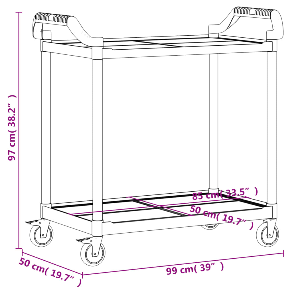 Carrito auxiliar 2 niveles aluminio negro 97x99x50 cm medidas